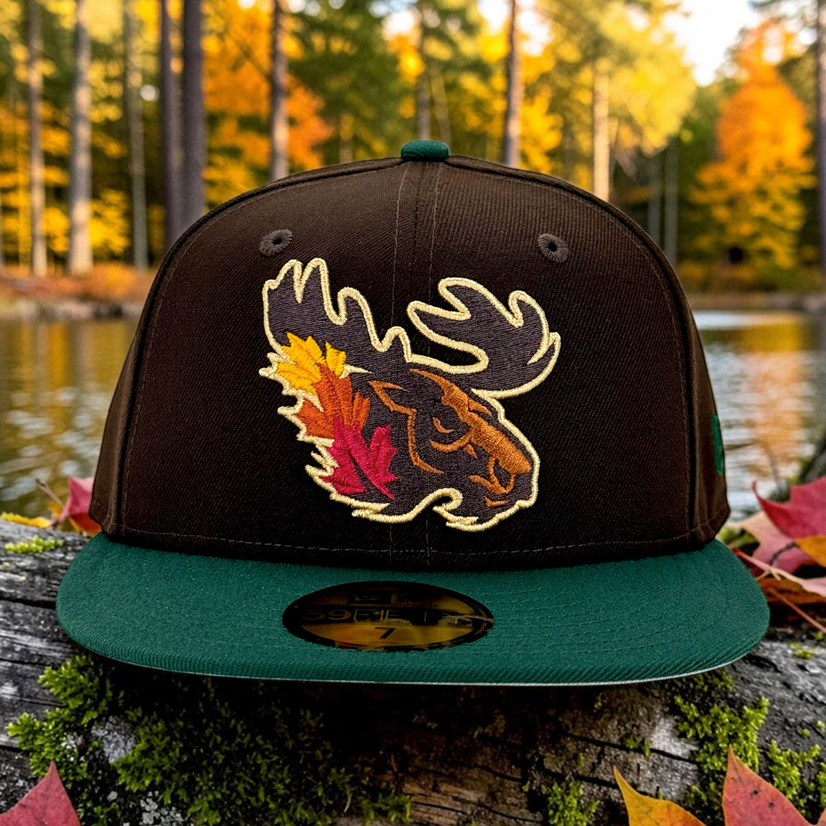 A dark brown and green baseball cap with an embroidered moose head and autumn leaves on the front, resting on a mossy log by a lake with a blurred forest background.