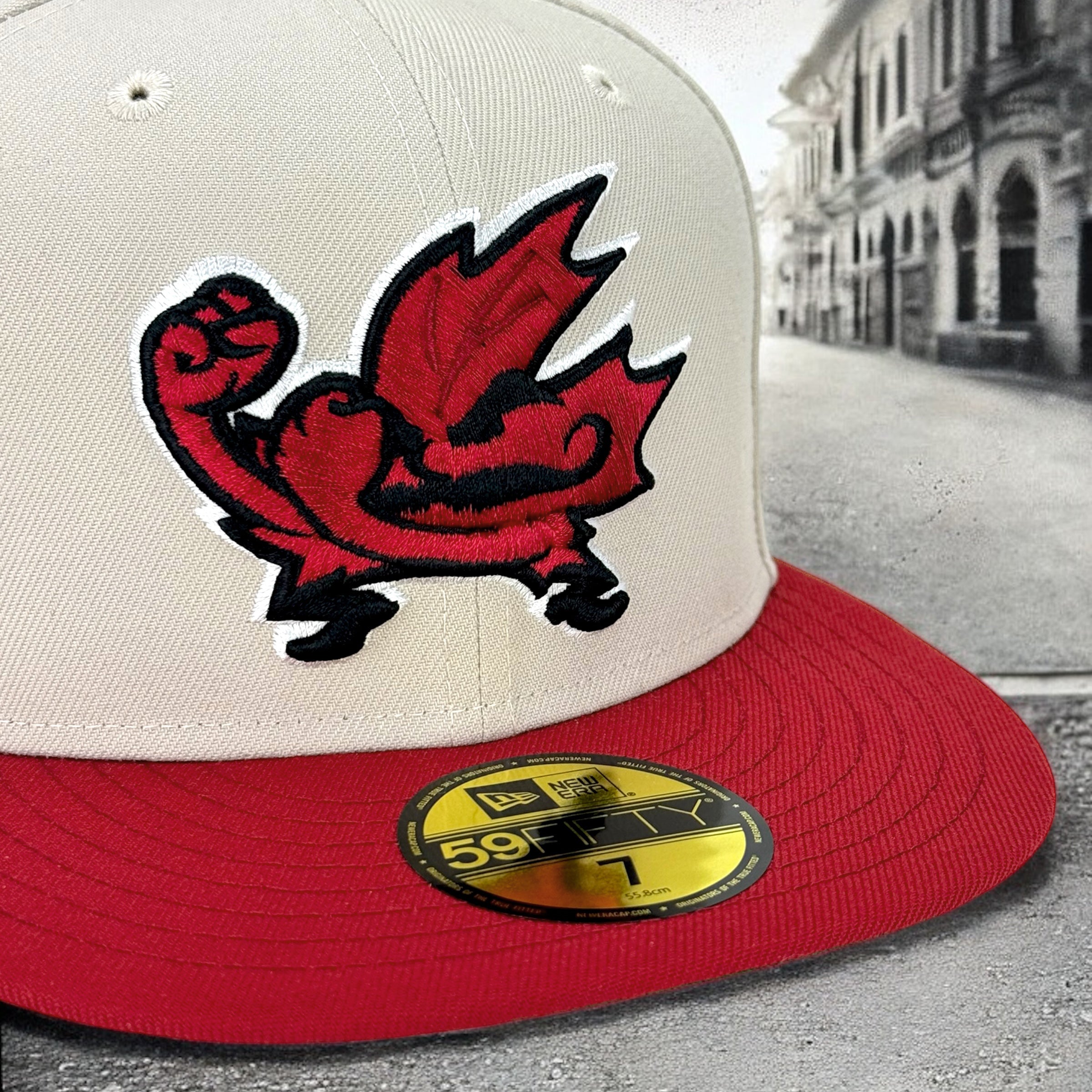 Fighting Maples - Stone & Vintage Red New Era 59Fifty - Close Up