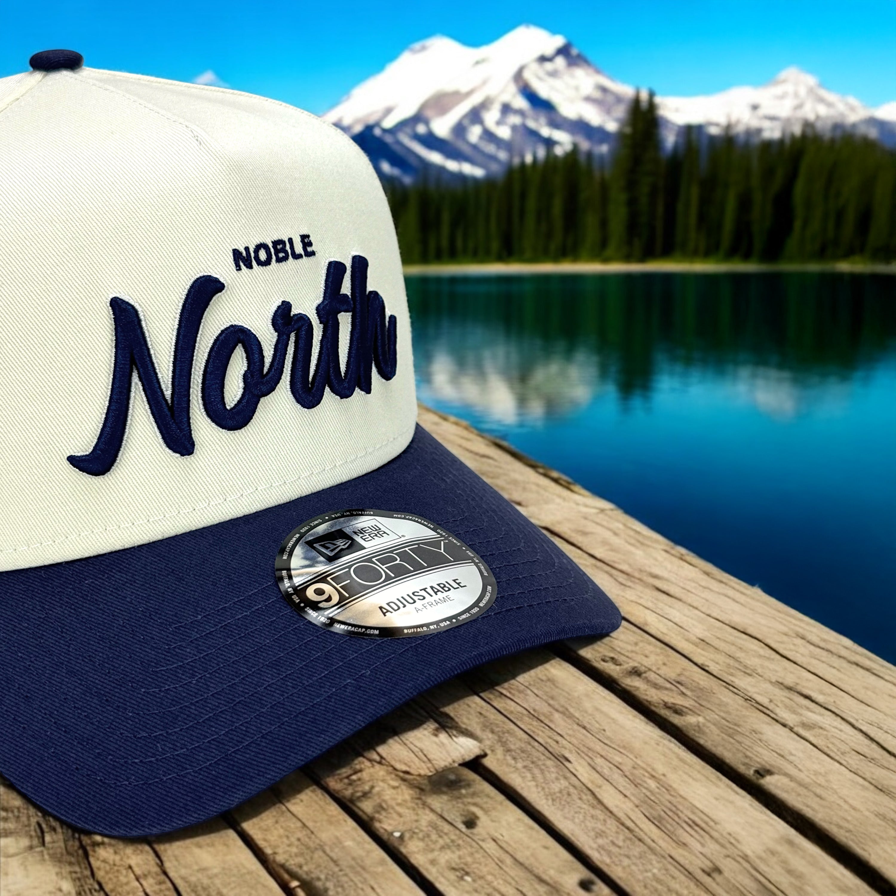 North Script - Chrome & Light Navy New Era 9Forty A-Frame Snapback - Close Up