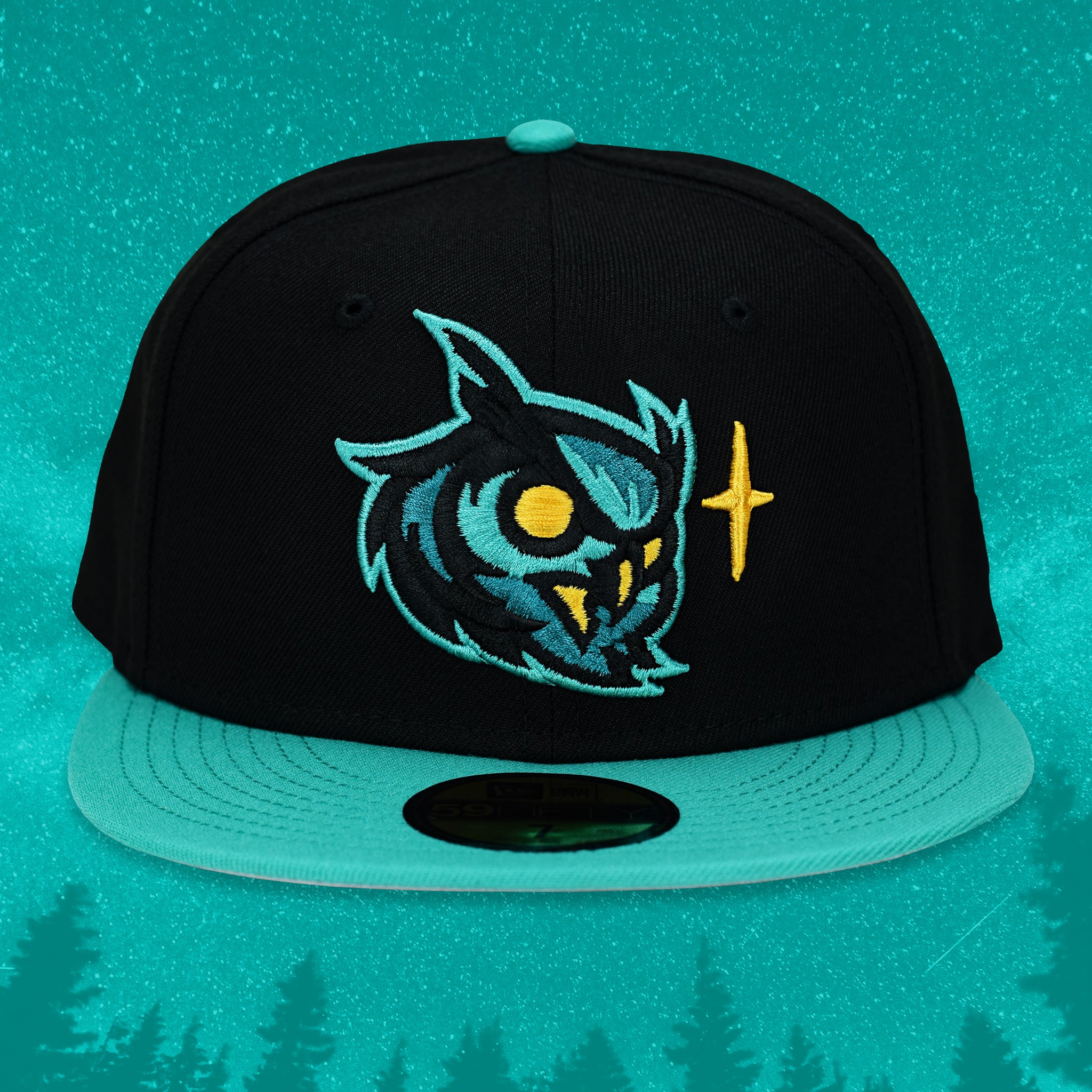 Great Horned Owl - Black & Teal New Era 59Fifty - Front
