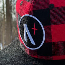 Load image into Gallery viewer, North Star - Patch - Red Buffalo Check &amp; Black Flannel Snapback (Kids) - Close Up
