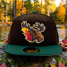 A dark brown and green baseball cap with an embroidered moose head and autumn leaves on the front, resting on a mossy log by a lake with a blurred forest background.