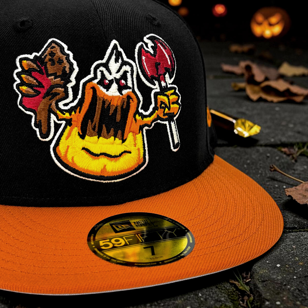 Candy Corn's Revenge - Black & Vintage Orange New Era 59Fifty - Close Up