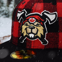 Load image into Gallery viewer, Beaverjax Double Axes - Red Buffalo Plaid &amp; Black New Era 59Fifty - Close Up
