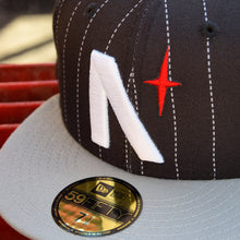 Load image into Gallery viewer, Noble North - North Star - Black Pinstripe &amp; Grey New Era 59Fifty - Close Up
