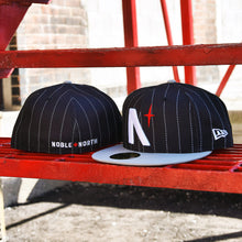 Load image into Gallery viewer, Noble North - North Star - Black Pinstripe &amp; Grey New Era 59Fifty - Front &amp; Back
