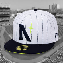 Load image into Gallery viewer, North Star - White &amp; Navy Pinstripe w/ Volt UV New Era 59Fifty - Front
